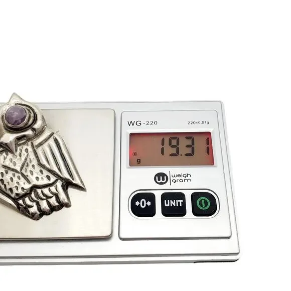 Large Mexican Sterling Silver Owl Brooch Taxco Purple Eyes 925 Artisan Bird Pin - Picture 3 of 11